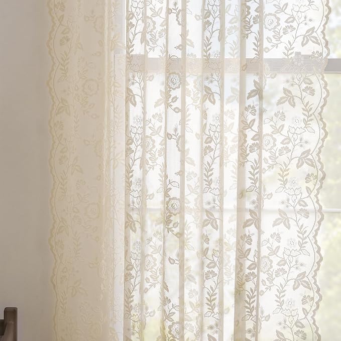 FINECITY Short Beige Lace Curtains Rustic Leaf Floral W42xL36 Inch 2 Panels | - Image 7