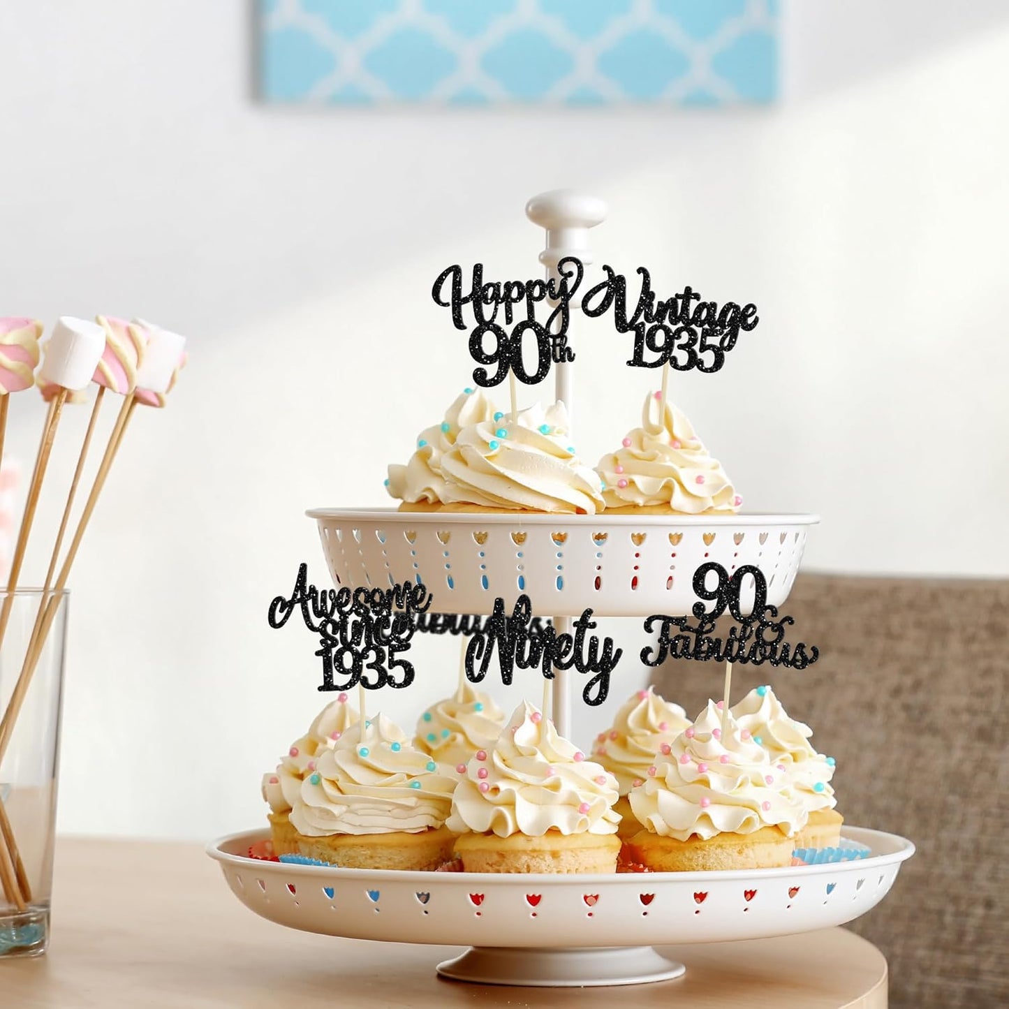 30Pcs Happy 90th Birthday Cupcake Toppers Glitter Awesome Since 1935 Ninety 90 Fabulous Vintage 1935 Cupcake Picks for 90th Birthday Anniversary Retirement Party Cake Decorations Supplies Black