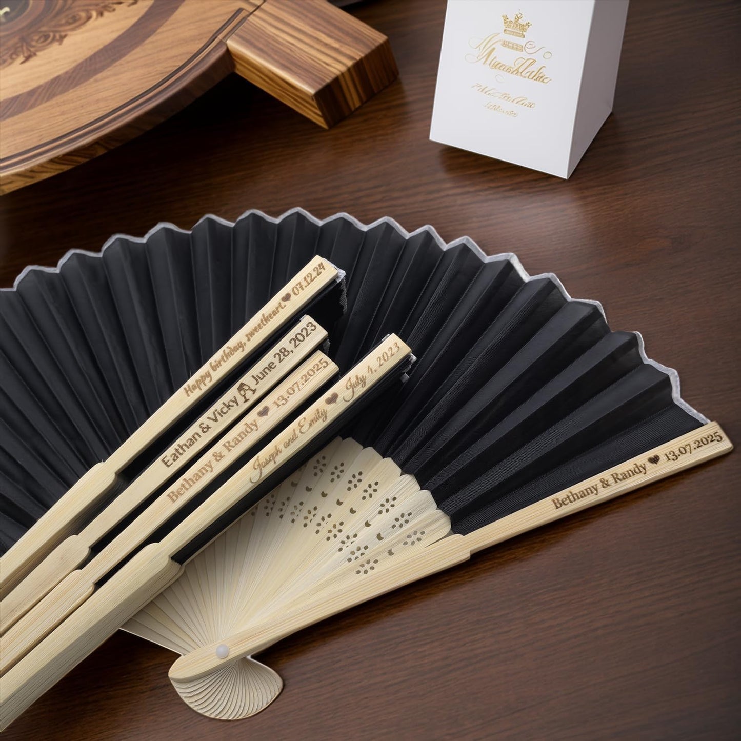90Pcs Personalized Silk Fans Folding Hand Fan, Custom Wedding Bridal Party Favors, Summer Wedding Bride, Wedding Gift, Thank You Gift (Black)