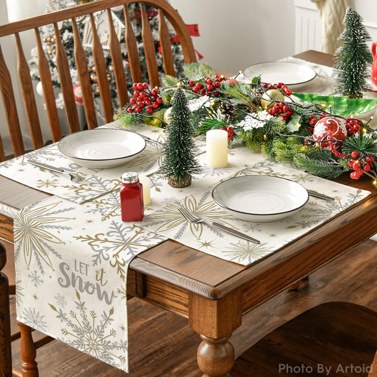 Artoid Mode Beige Snowflake Let It Snow Winter Placemats Set of 8, 12x18 Inch Seasonal Christmas Table Mats for Party Kitchen Dining Decoration