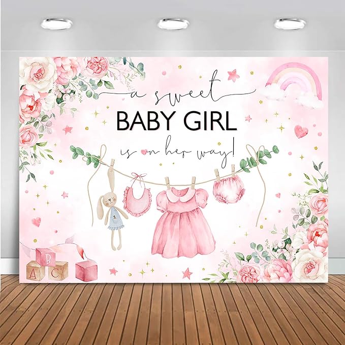 Mocsicka Sweet Baby Girl Baby Shower Backdrop Princess Pink Greenery Party by Mocsicka
