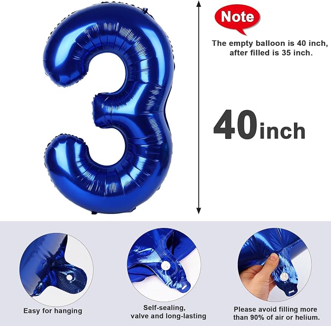 3 Balloon Numbers Birthday Decorations, 40In Navy Blue Balloons - Image 5