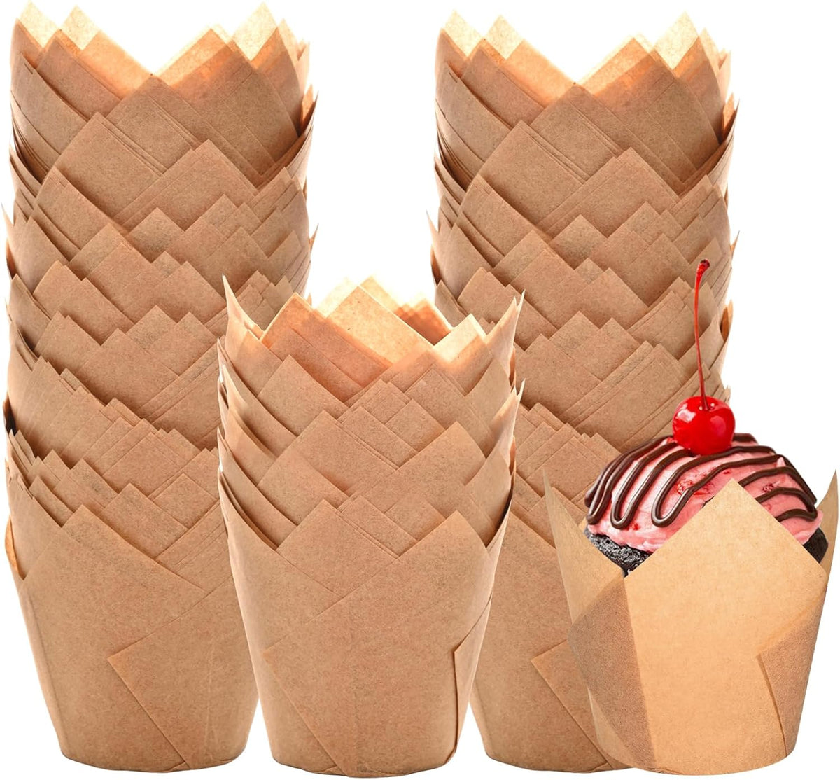 Natural Tulip Cupcake Liners for Baking 200 Cups, Unbleached Parchment paper Muffin Liners, Upgraded Standard Cupcake Wrappers, Greaseproof Cup Cake Liner, Easy to Use in Party, Birthday, Christmas