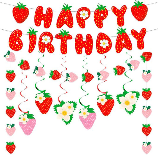 MEETINGU Strawberry Happy Birthday Banner Set, Strawberry Themed Birthday Party by MEETINGU