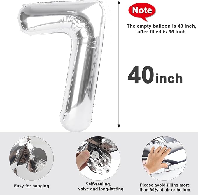 7 Balloon Numbers Birthday Decorations, 40In Silver Balloons - Image 6