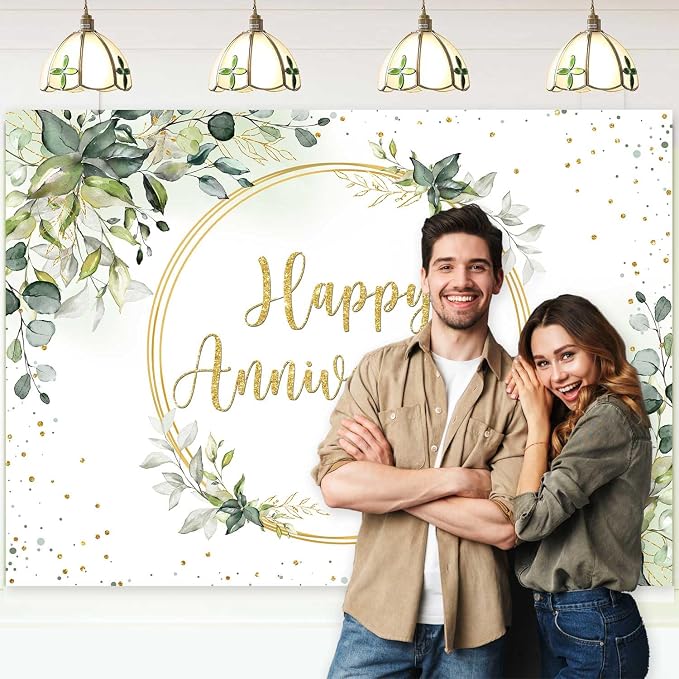 7x5ft Happy Anniversary Backdrop Sage Green Eucalyptus Wedding Anniversary - Image 5