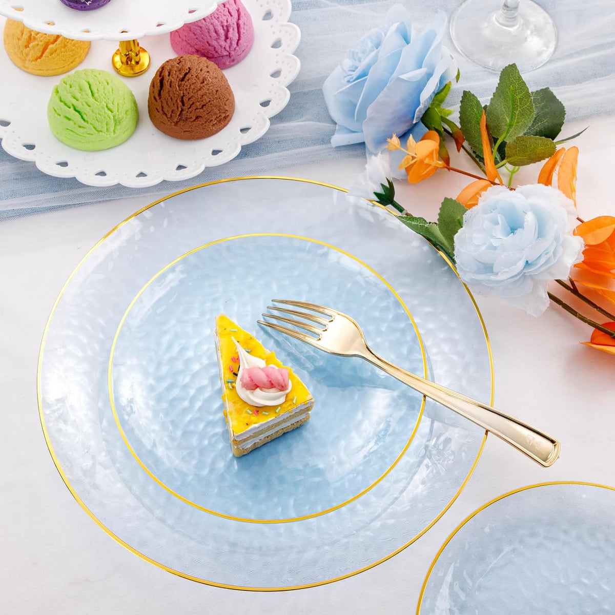 Rubtlamp 175 Pcs Plastic Dinnerware Set (25 Guests), Blue Disposable Plates With Gold Rim, Hammered Party Plates Set Include Dinner Platos, Dessert Platos, Cups, Cutlery And Napkins for Party