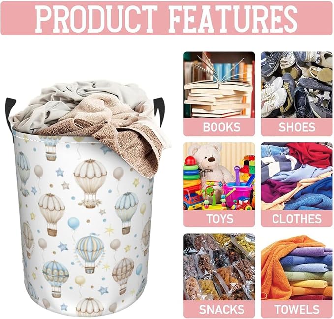 Watercolor Hot Air Balloon Round Laundry Hamper Storage Basket Toys Clothes - Image 5