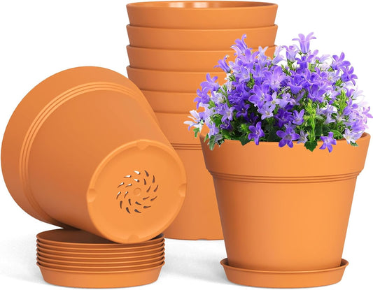 4 Inch Plastic Plant Pots with Drainage Holes and Trays – 8 Pack Small Nursery Pots for Indoor & Outdoor House Plants and Flowers, Seedling Starter Planters, Terracotta