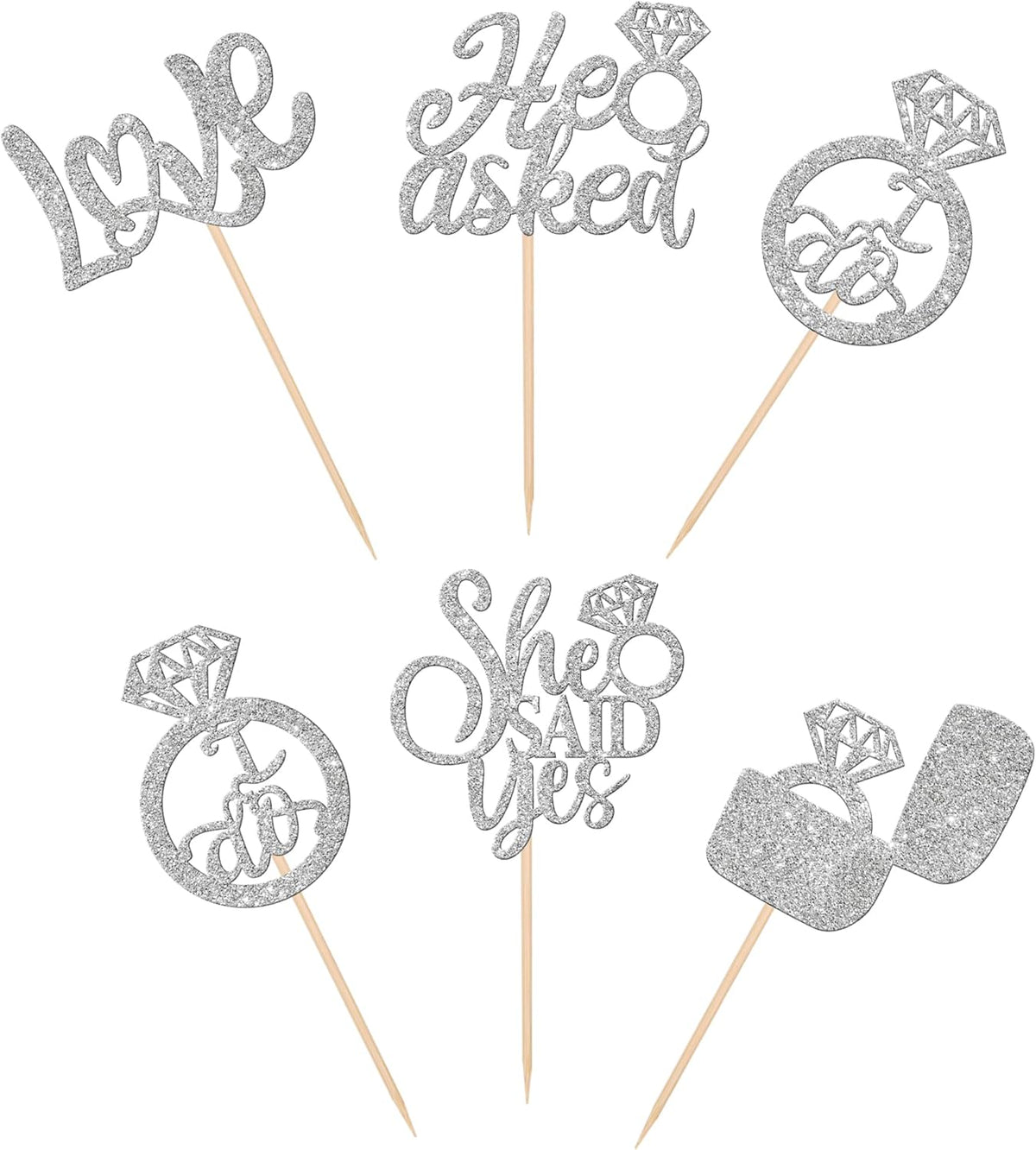 30 PCS He Asked She Said Yes Cupcake Toppers Diamond Ring Cupcake Picks Love I Do Bridal Shower Cupcake Decorations for Wedding Enaggement Theme Party Cake Decorations Supplies Silver