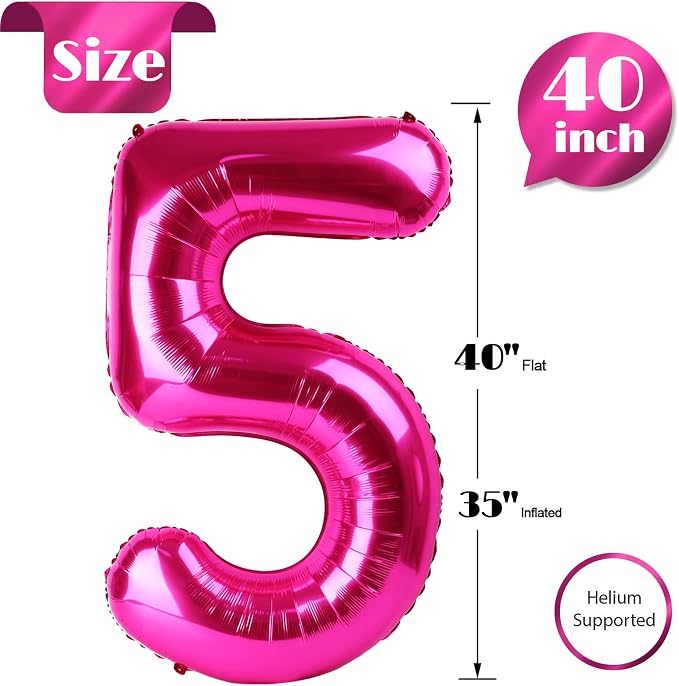 Hot Pink Number 5 Balloon 40 Inch, 5th Birthday Decorations Men Women | Foil - Image 5