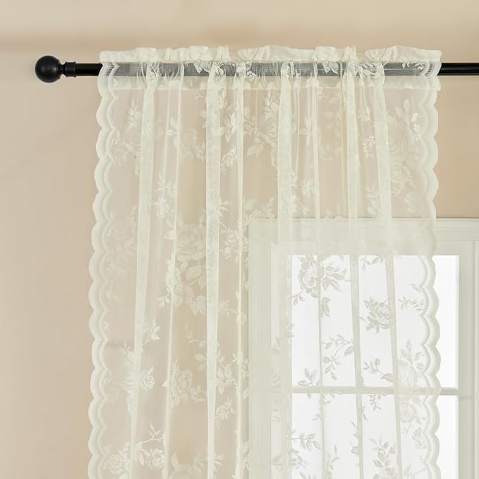 Ivory Lace Curtains 54 Inch Length 2 Panels Victorian Floral Sheer Curtains - Image 4