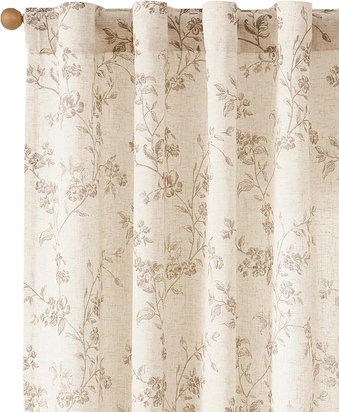 jinchan Taupe Floral Linen Curtains 63 Inch Farmhouse Back Tab 2 Panels | - Image 2