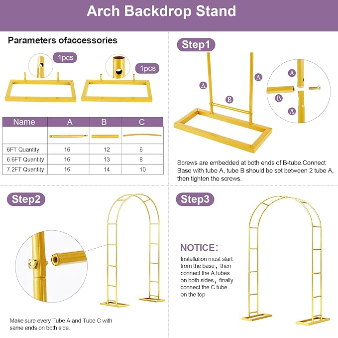 6.6FT Metal Wedding Arch Backdrop Stand Gold Arbor Frame - Image 8