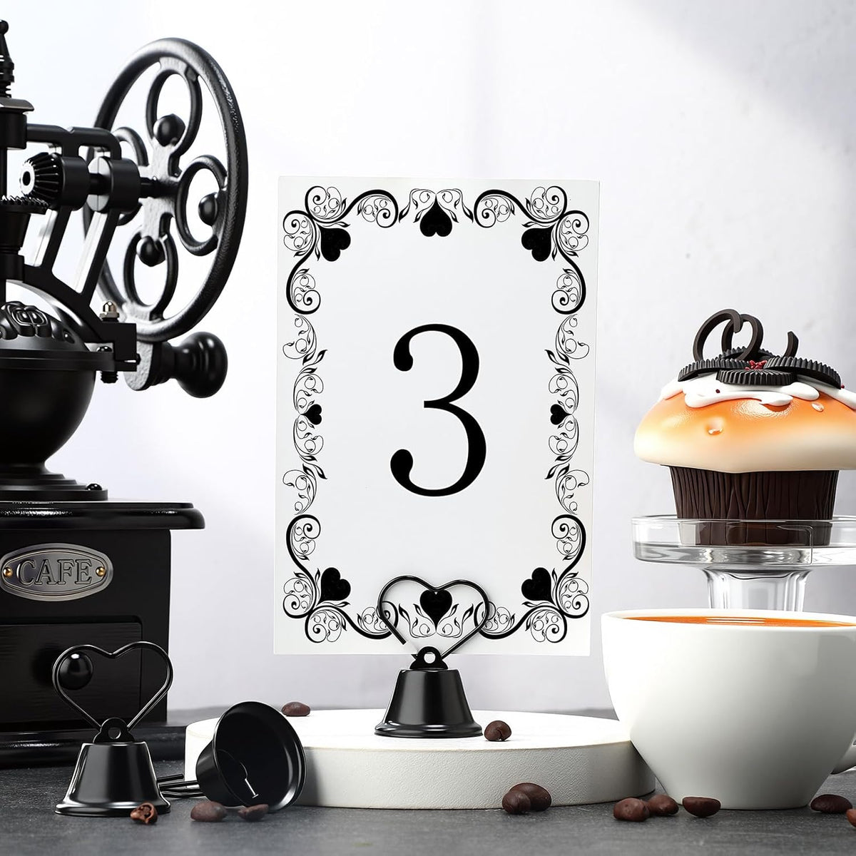 24 Pcs Table Number Holders Place Card Holders for Table 2 Inch Ring Clip Bell Number Holder Metal Picture Holder for Wedding Christmas Restaurant Home Photo Office Memo(Black,Heart)