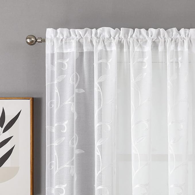 White Sheer Curtains Embroidered Leaves 2 Panels 54Wx96L | Light Filtering - Image 3