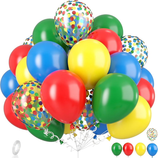 Red Yellow Blue Balloons, Rainbow Assorted Latex Balloons, Red Blue Green Yellow with Colourful Confetti Balloon, for Birthday, Festival, Carnival Circus, Robot Blocks, Video Game Party Decor