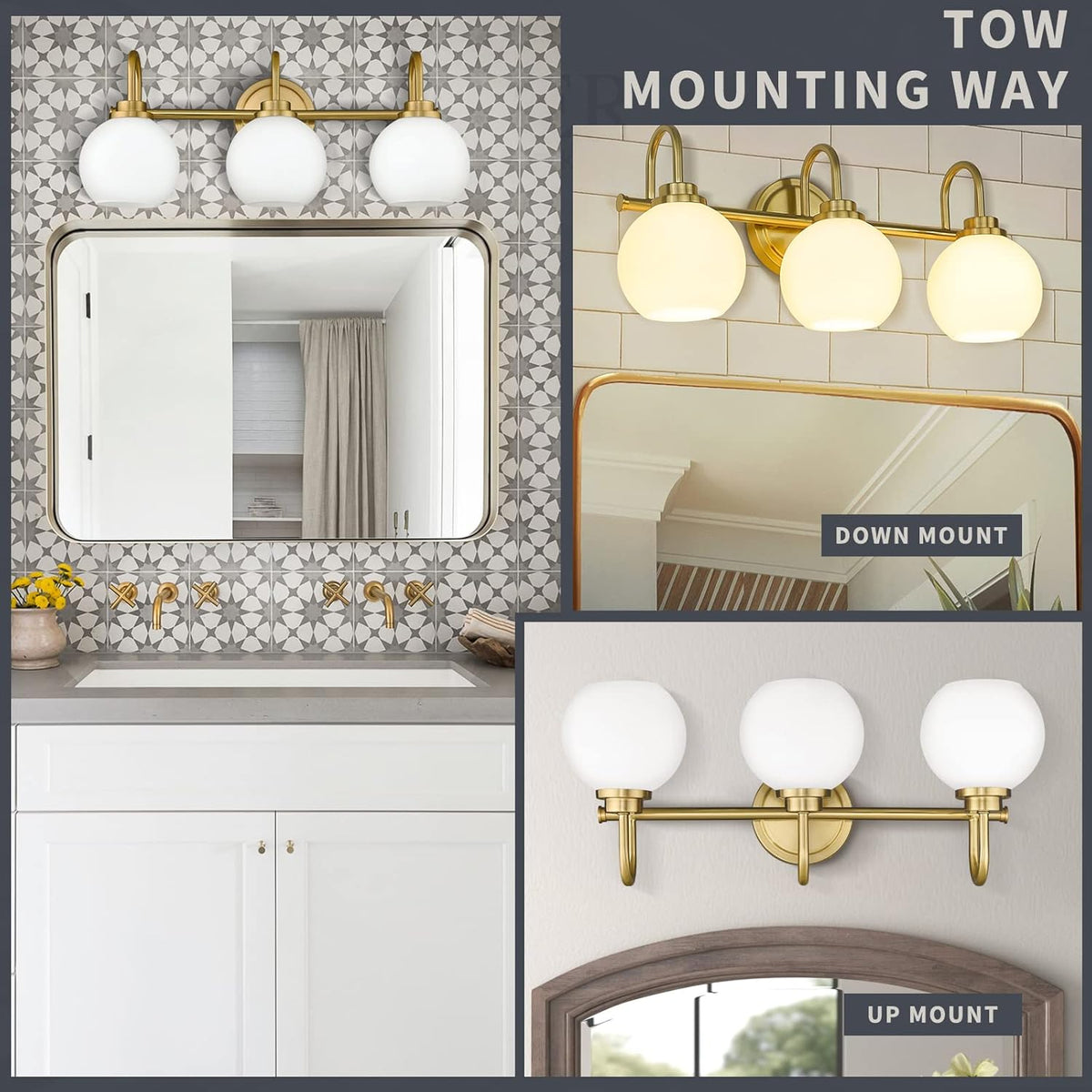 Gold Bathroom Light Fixtures, 3 Light Gold Modern Bathroom Light Fixtures Over Mirror with White Milk White Globe Glass Shade for Bathroom
