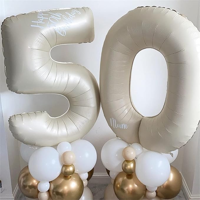 40 In Cream Large Numbers Balloons 0-9, Self Inflating White Sand Foil Number 0 - Image 4