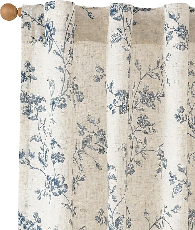 jinchan Blue Floral Linen Curtains 84 Inch French Country Back Tab 2 Panels | - Image 3