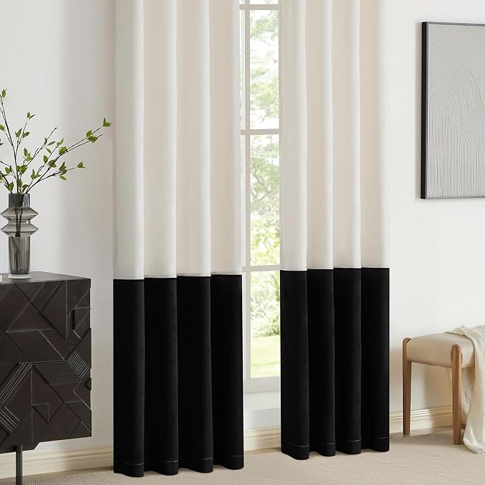 Modern Cream White Black Decorative Velvet Curtains 96 inches 2 Panels | Color - Image 4
