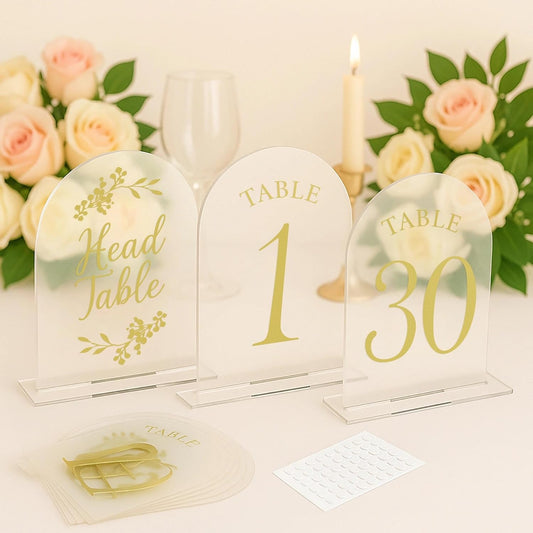 Wedding Table Numbers 1-30 Clear Acrylic Seating Number Signs for Weddings Reception Anniversary Party Decor Seat Number for Tables with Elegant Gold Lettering
