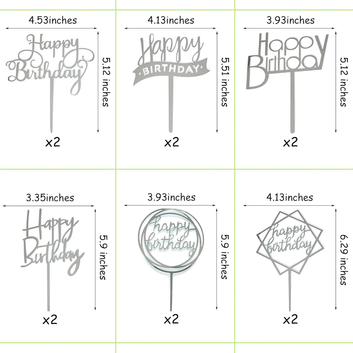 12 Pack Multi Styles Birthday Cake Topper Set, Acrylic Cake Bunting Decor Birthday Cake Picks Party Decorations Supplies(Silver)