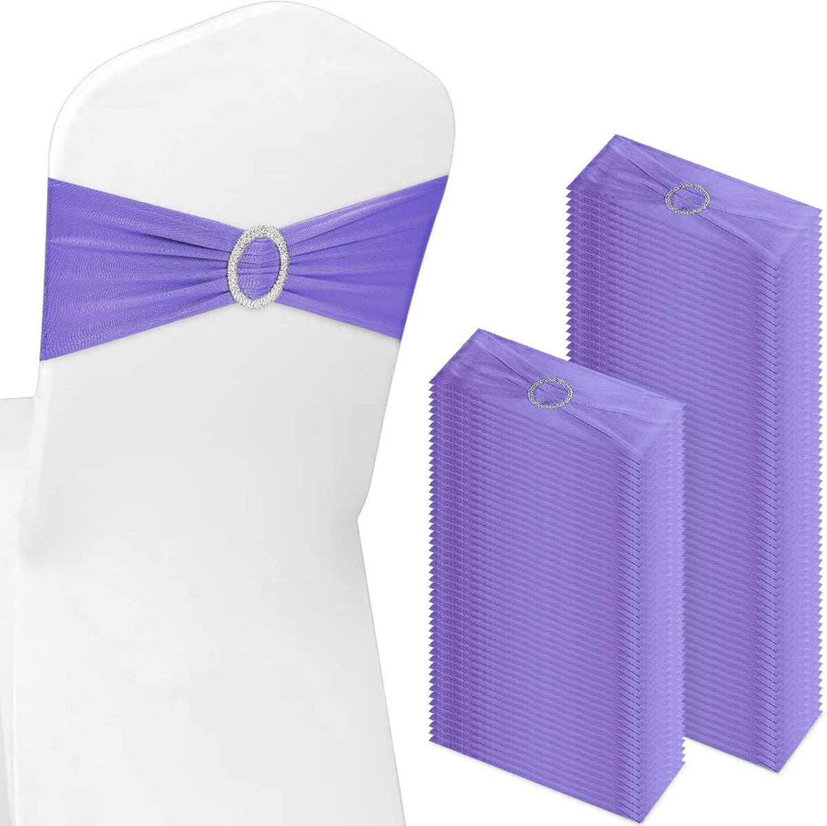 CHENGU 150 Pieces Spandex Stretch Chair Sashes Bows Elastic Chair Cover Bands Ties with Buckle Slider for Wedding Party Reception Events Universal Ceremony Banquet Decorations (Light Purple)