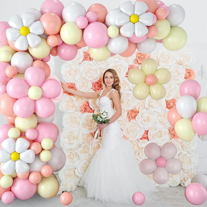Daisy Balloon Garland Arch Kit, Retro Hippie Boho Pink White Yellow Balloons - Image 4