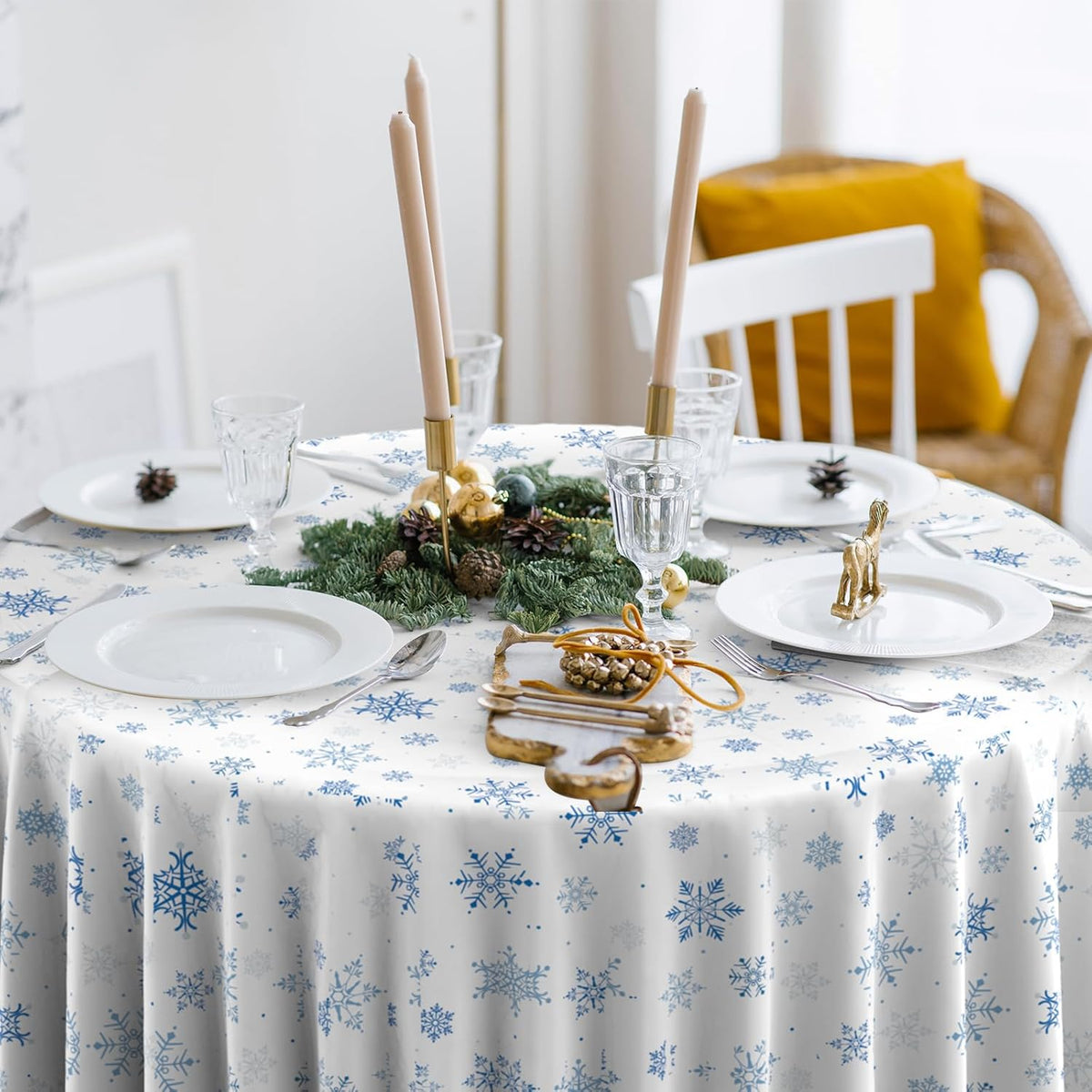 6 Pieces Christmas Snowflake Plastic Party Tablecloth Decorations,Disposable Blue Snowflake White Xmas Round Table Cover Backdrop for Winter Christmas Holiday Party Supplies,84 inch (Blue White)
