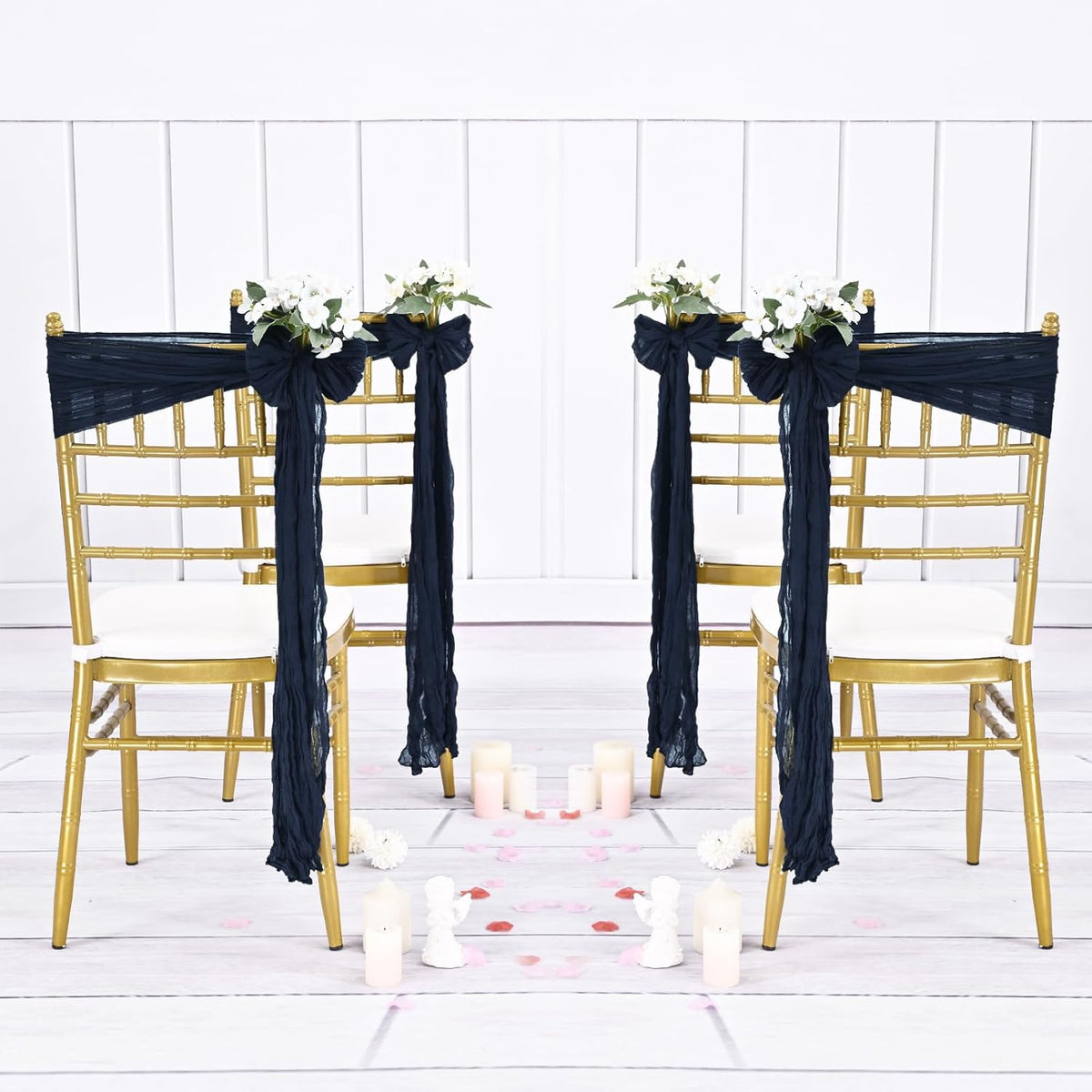 36 Pcs Navy Blue Cheesecloth Chair Sashes, 16 x 108 inch Gauze Fabric Washable Chair Sashes Bows Designed for Aisle Decorations Universal Chair Cover Decor for Wedding Reception Party Banquet