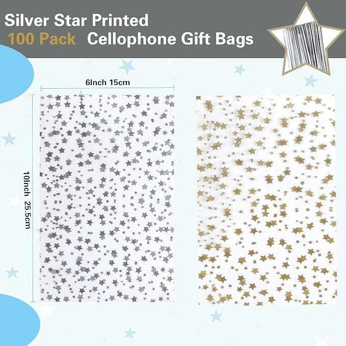 100 Pcs Star Printed 6"X 10" Gift Wrap Cello Cellophane Treat Bags Party Favor - Image 2