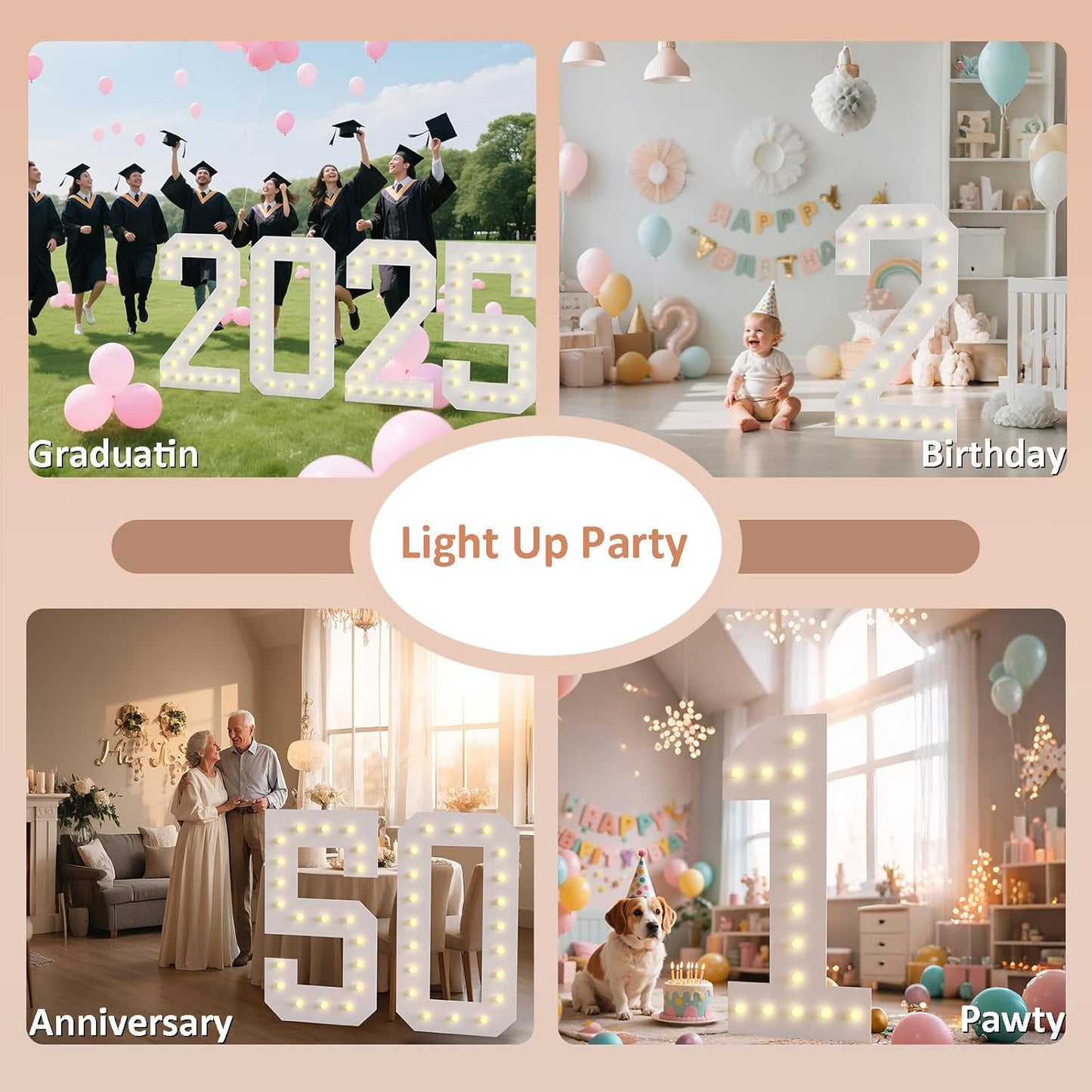 LOBOOM 4FT Light Up Numbers, Marquee Numbers 4 Feet Tall Giant Number 40 Mosaic Big Number Sign for 40th Birthday Party Backdrop Anniversary Decorations, Pre-Cut Large Frame 40