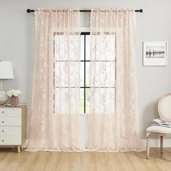 SEEKRIGHT Pink Lace Curtains 45 Inch Length Victorian Floral Sheer Curtains - Image 2