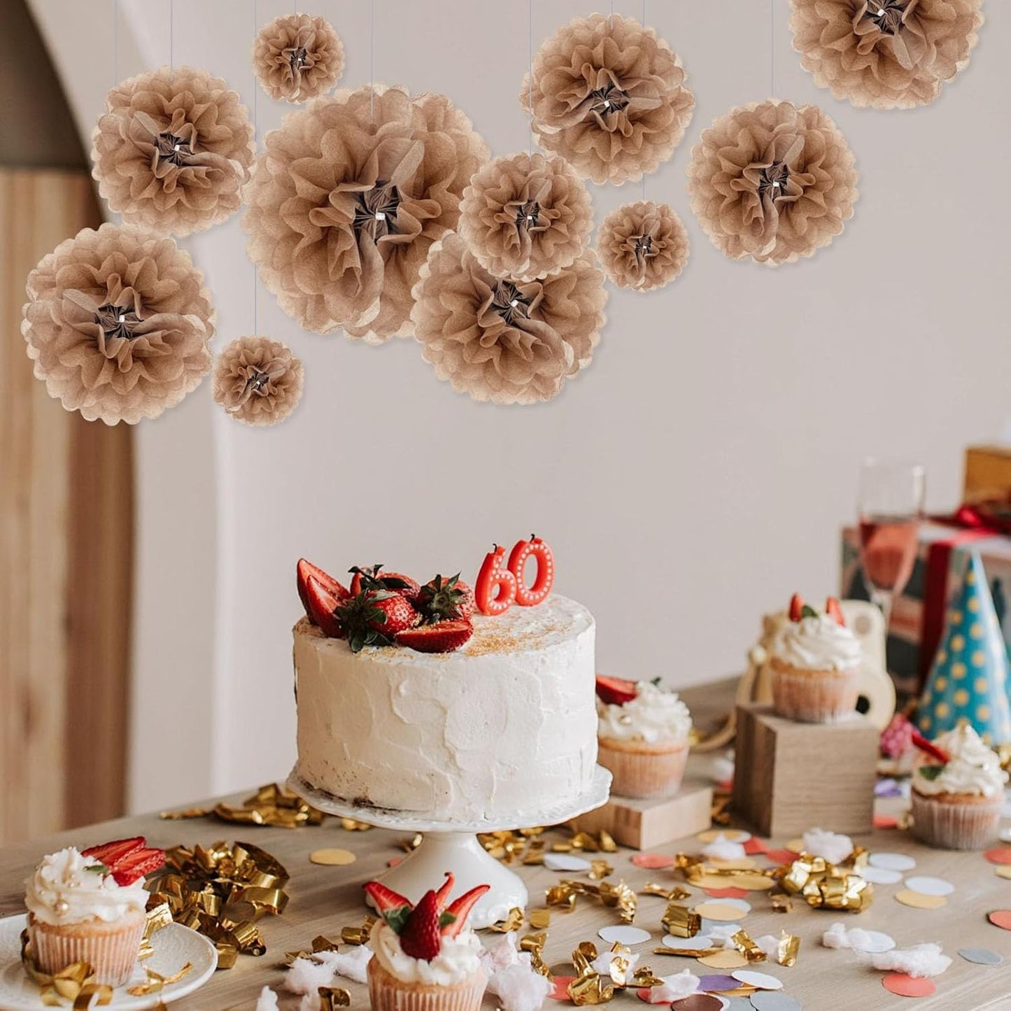 Tissue Paper Pom Poms, Brown Tissue Paper Flowers, Hanging Flower Balls for Weddings Fiesta Parties Birthday Baby Showers Classroom Bridal Shower Decoration (20Piece Set-6/10/12/14Inch)