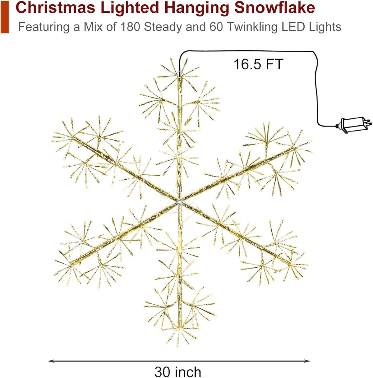 30’’ Christmas Snowflake Lights Outdoor, Pre-lit 240Pcs Warm White LEDs Hanging Golden Snowflake Decoration for Home Indoor Outdoor Window Silhouette