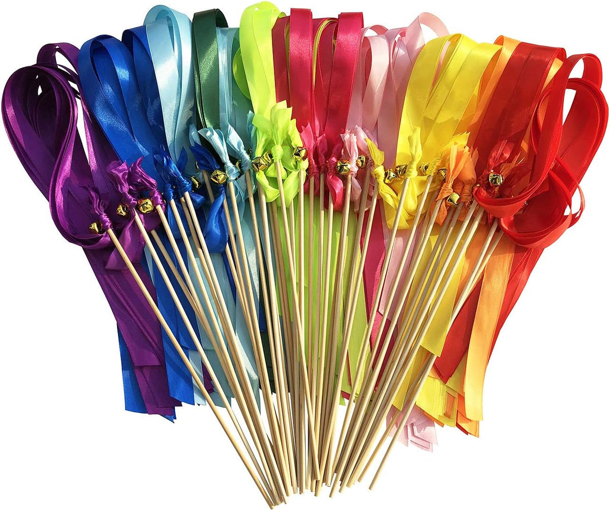 Kingsnow 50 Pack Ribbon Wands Wedding Streamers with Bells, Silk Fairy Stick Wish Wands Party Favors for Wedding Send Off Party Activities Table Holiday Celebration