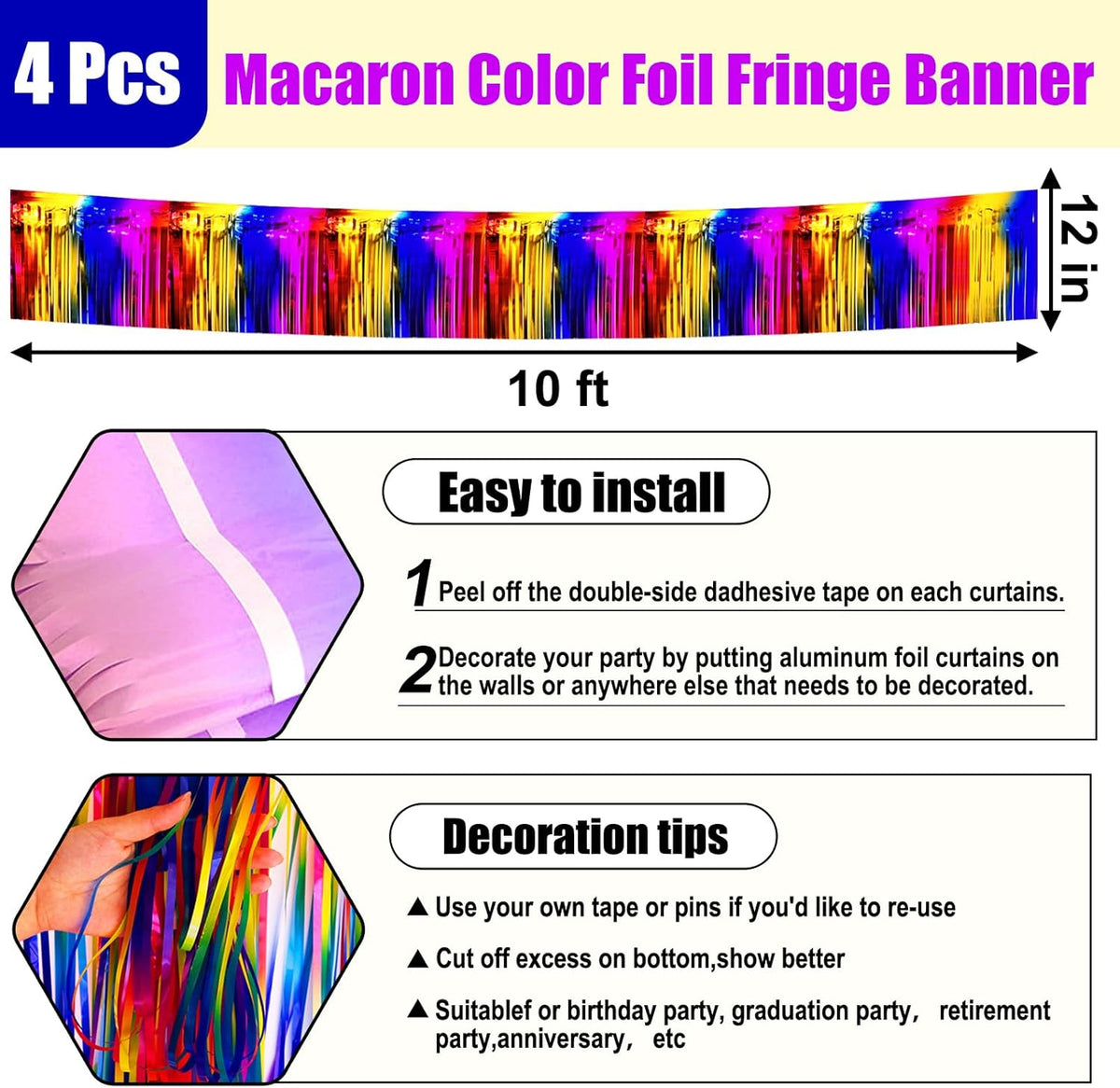 4 Pack 10 Feet Rainbow Foil Fringe Garland Metallic Tinsel Streamers Banner Wall Hanging Curtain Backdrop for Parade Floats, Wedding, Graduate, Mother's Day, Birthday Party Decoration