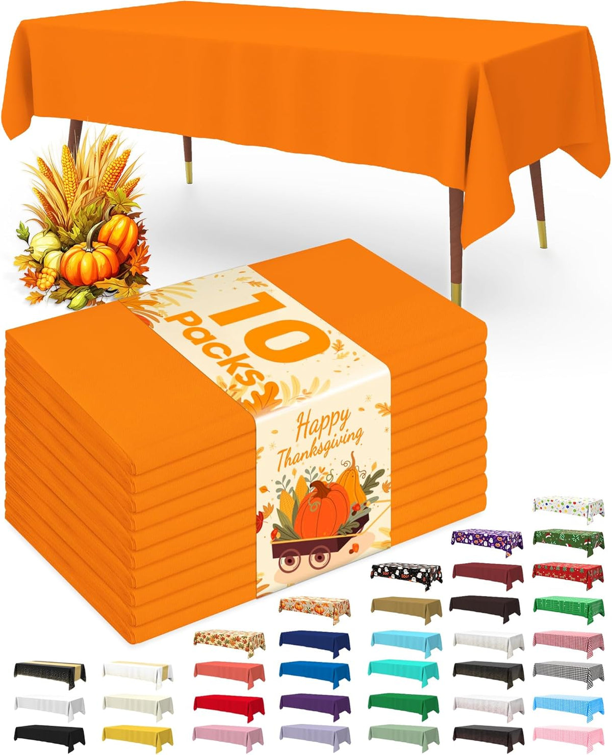Pureegg Plastic Table Cloth Disposable 10 Pack, 54 x 108 Inch Table Cloths, Halloween Party, Thanksgiving Decorations, Harvest, Fall Tablecloths, Rectangle Tables, Leakproof & Sturdy, Orange