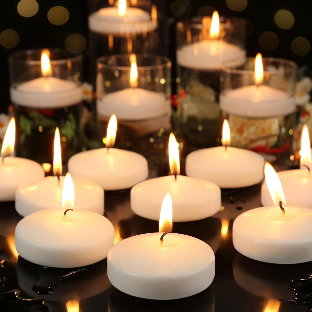 3 inch White Floating Candles, 60 Pack Unscented 3” Floating Candles for Centerpieces,8-9 Hours Water Activated Candle Bulk for Cylinder Vases Wedding Pool