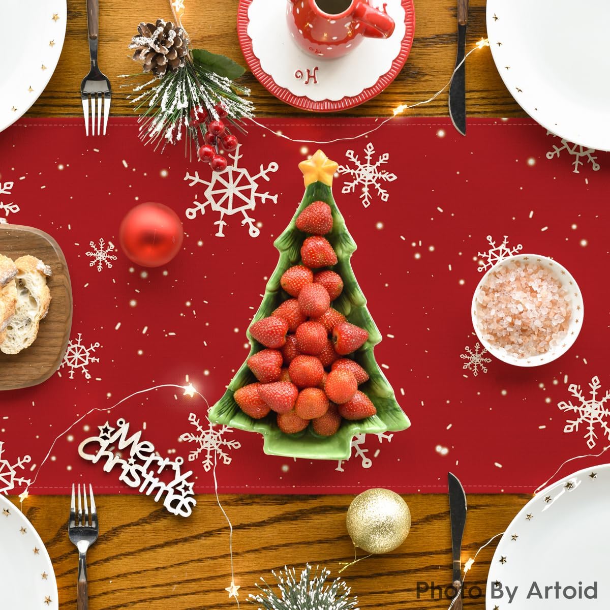 Artoid Mode Red Snowman Snowflake Let it Snow Winter Table Runner, Seasonal Christmas Kitchen Dining Table Decoration for Home Party Decor 13x48 Inch