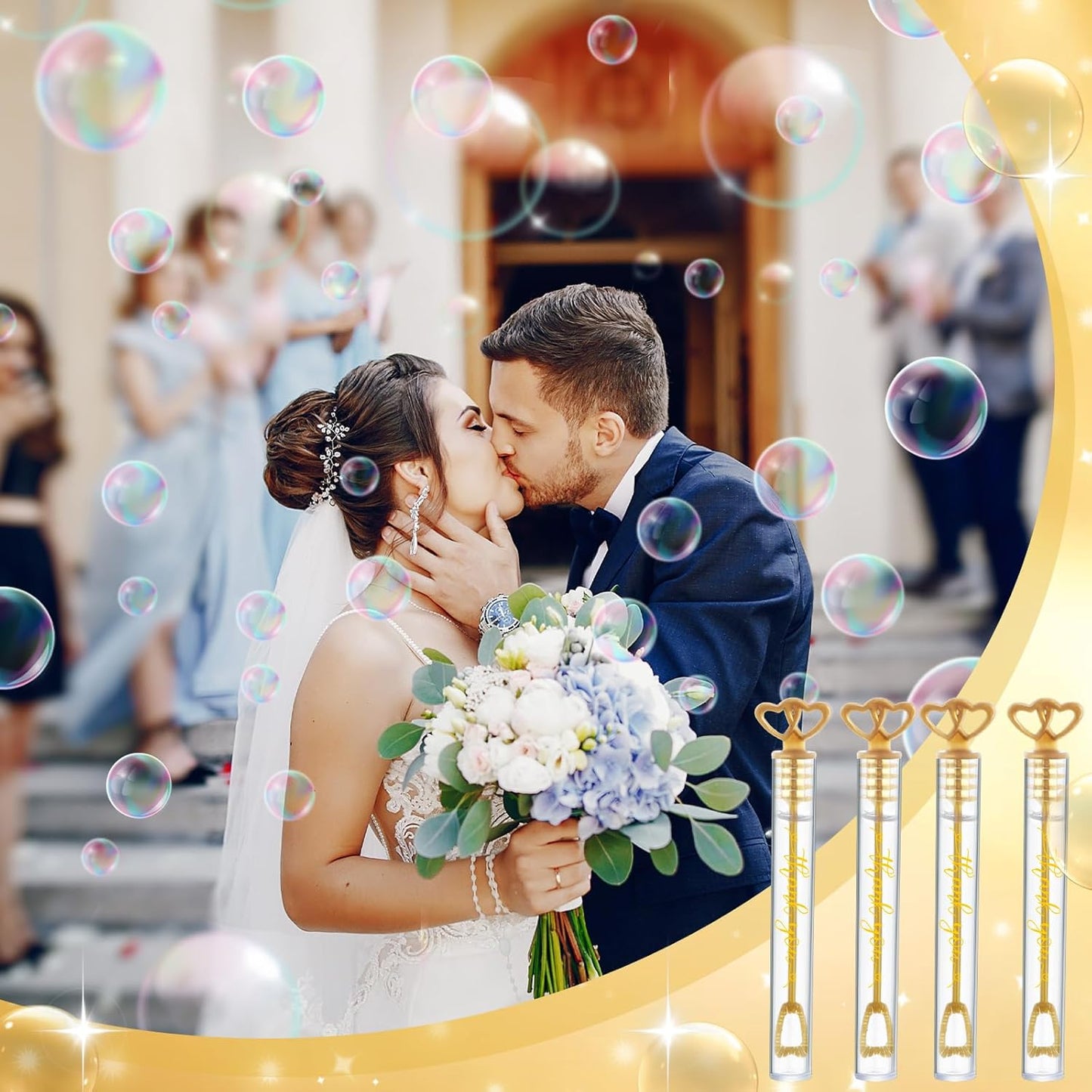 150 Pcs Bubble Wands Bulk for Wedding Party Mini Heart Wand with Bubble Solution for Wedding Bridal Showers Valentine Anniversary Graduation Birthday Supplies(Gold,Thank You)
