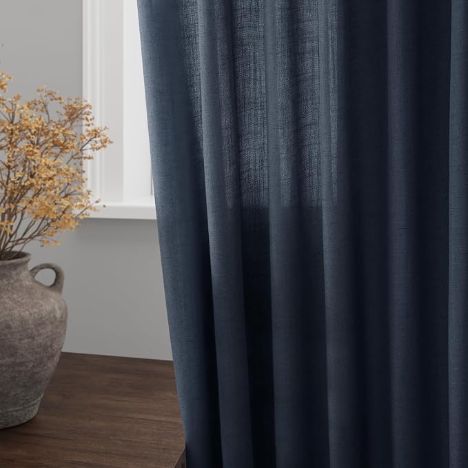 Vintage Blue Linen Curtains 84 Inch Length 2 Panels Set - Image 4