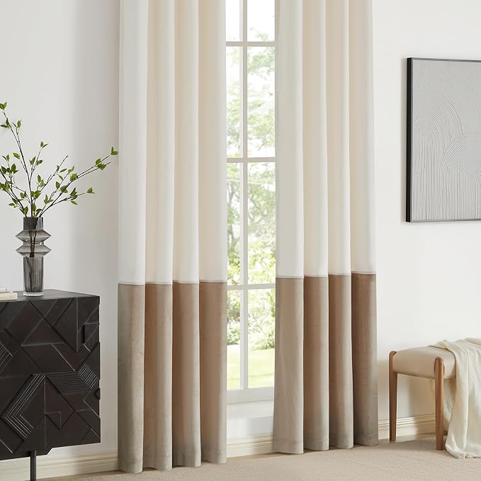 BULBUL Cream Ivory Champagne Luxury Velvet Curtains 63 inch, Color Block | - Image 4