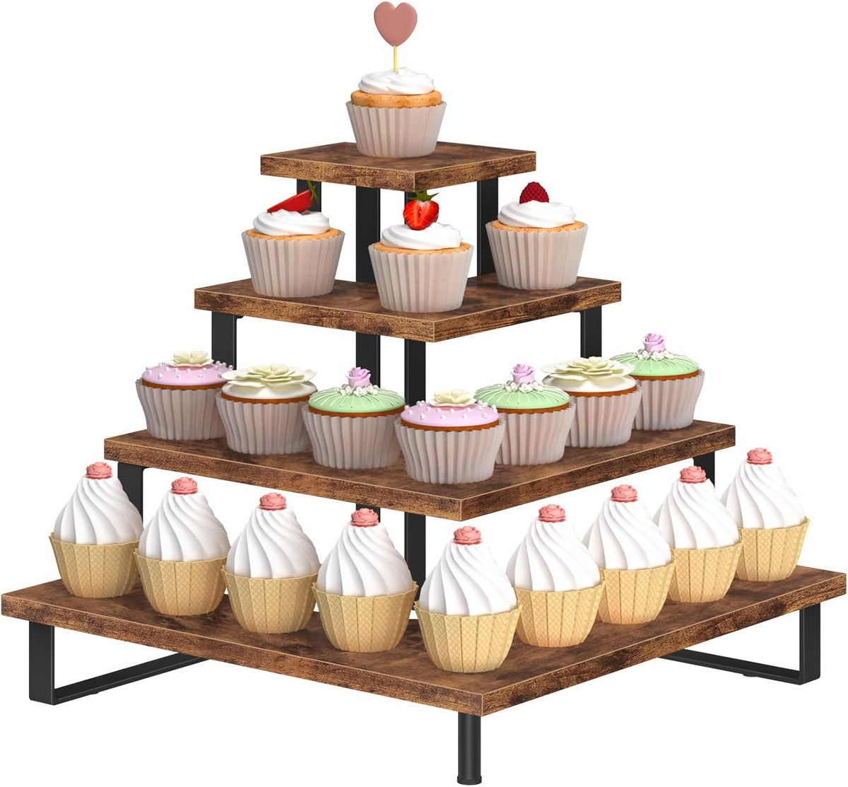 ELITEROO Wooden Cupcake Stand, Tiered Cupcake Display Tower Stand for 24 Cupcakes, Dessert Table Display Set, Buffet Risers Food Stands for Display Party Baby Shower, Rustic Brown Right Angle Corner