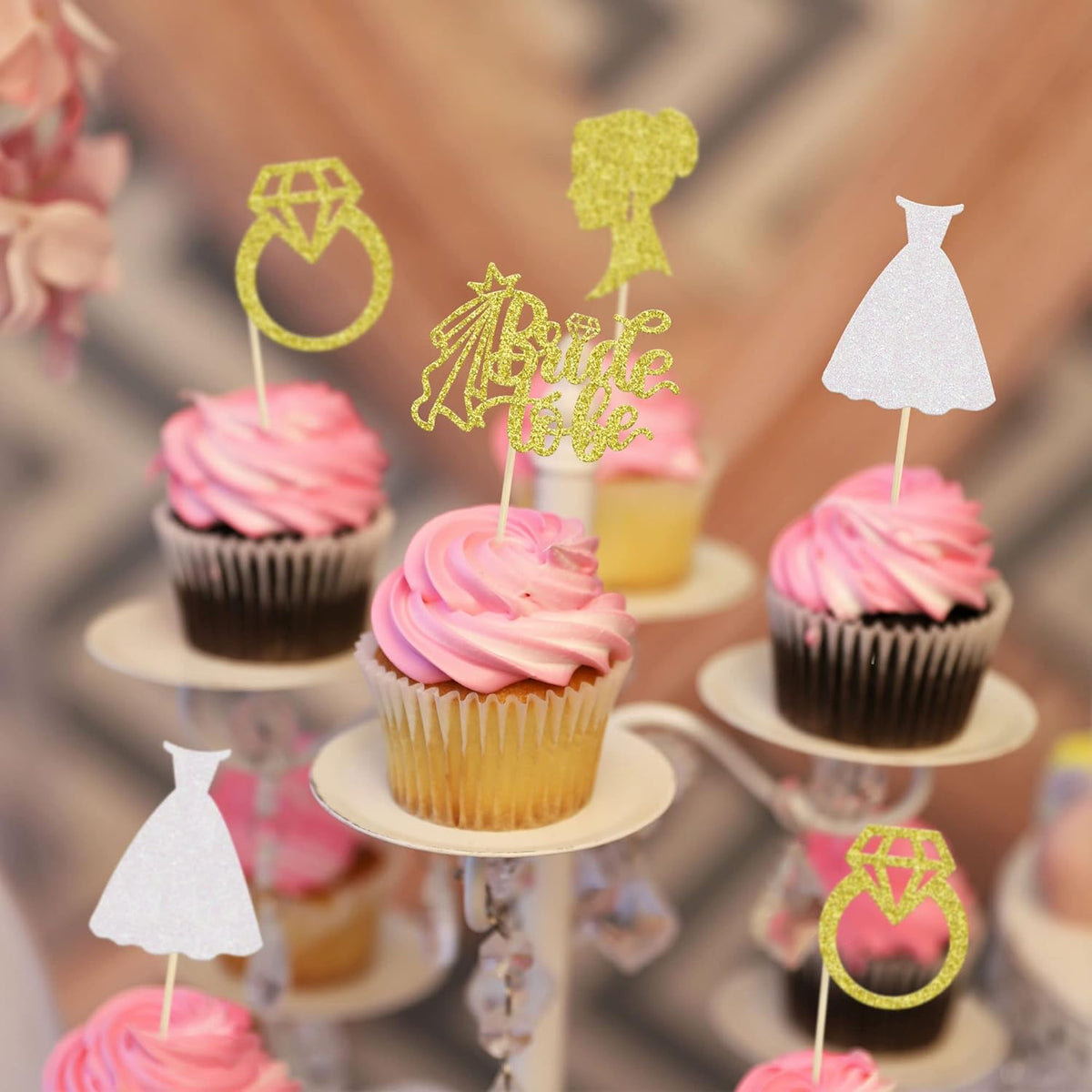 Gyufise 24 Pack Gold Glitter Bride To Be Cupcake Toppers with Diamond Bride Tulle Dress Cupcake Toppers for Bridal Shower Supplies Wedding Engagement Bachelorette Party Decorations