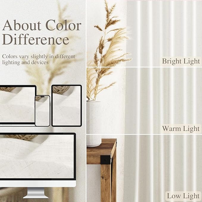 Beige White Curtains Linen for Living Room 90 Inches Long Back Tab and Rod - Image 3