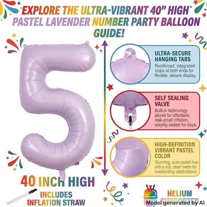 40" Pastel Purple Foil Number 5 Balloon - Image 2