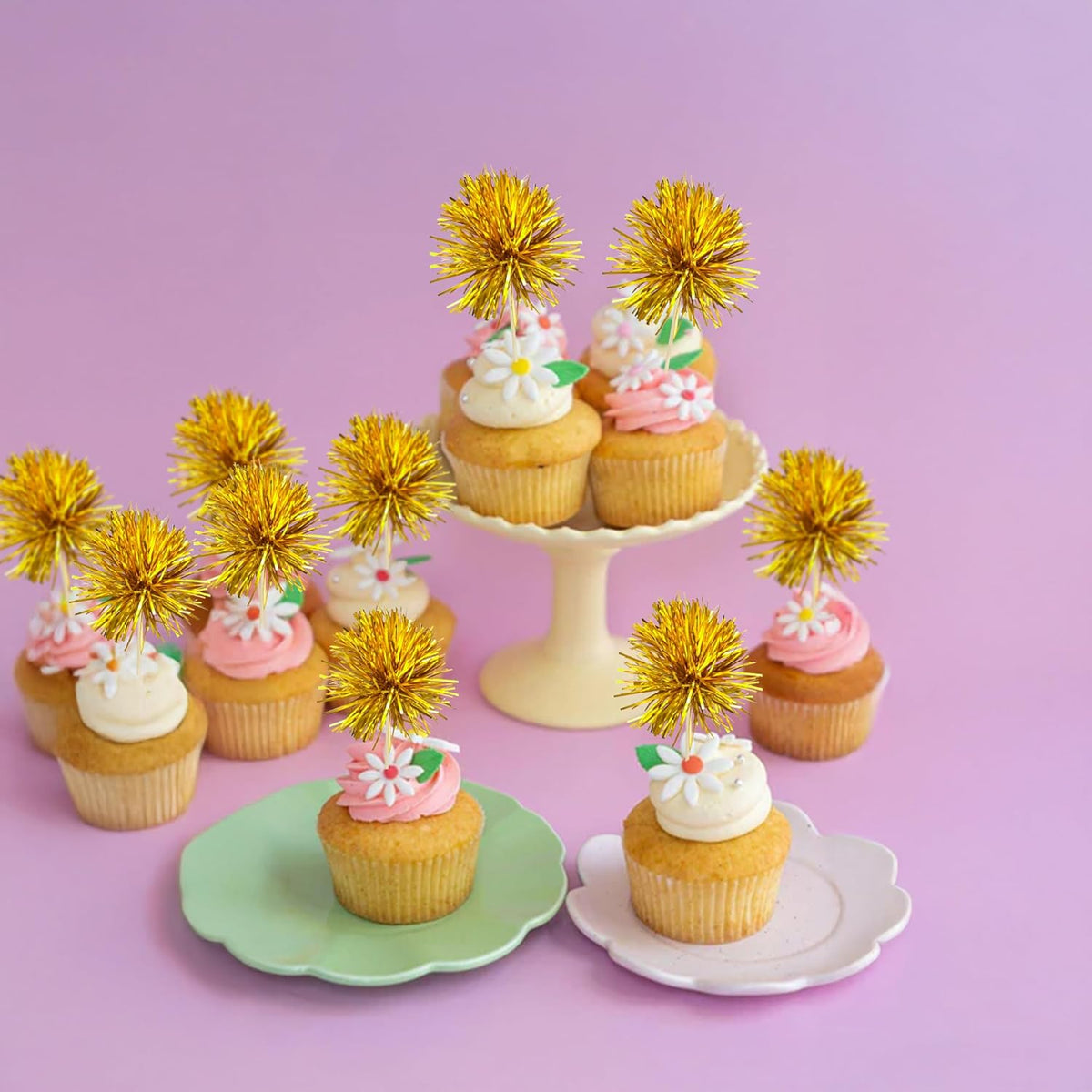 Gyufise 30Pcs Foil Firework Cupcake Toppers Sparkle Tinsel Cake Toppers Tinsel Drink Cake Decoration Cocktail Picks for Birthday Wedding Graduation Party Supplies Dark Gold