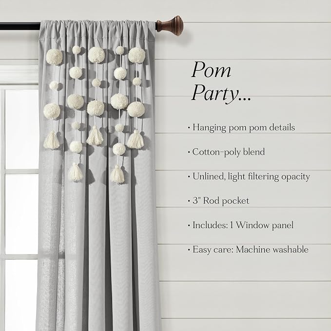 Lush Decor Boho Pom Pom Tassel Linen Textured Window Curtain Panel, Single 52" - Image 7